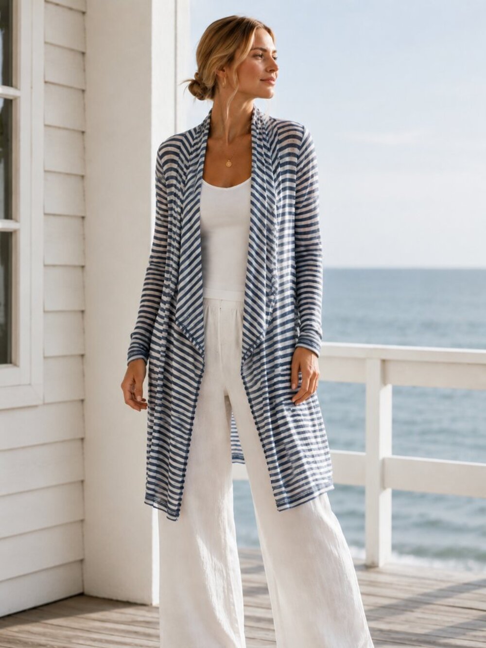 Jones New York Signature Long Striped Duster Cardigan Blue White Lightweight L